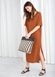 Model Front Image Of Stories V Neck Midi Shirt Dress In Orange Rust Dress Midi Shirt Dress Dresses