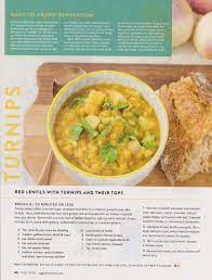 Red Lentils With Turnips And Their Tops Vegetarian Times May 2016 Food Red Lentil Restaurant Dishes