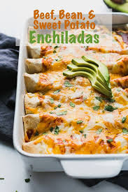 Beef Bean And Sweet Potato Enchiladas 3 Scoops Of Sugar Recipe Potatoes Enchiladas Beef Enchiladas