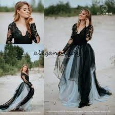 Discount Vintage Black Bohemian Wedding Dresses With Long Sleeve 2019 Gothic Lace Backless V Neck Beach Garden Bridal Informal Temple Gown Designer Wedding Gown Bohemian Wedding Dresses Gorgeous Wedding Dress Sheer