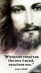 A bearded figure in a red and gold bishop's attire, holding a staff with a cross at the top, gazes thoughtfully. The background features a soft blue sky with clouds.