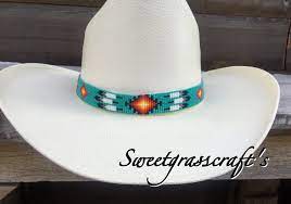 Turquoise Feather Beaded Hat Band Beaded Hat Bands Cowboy Hat Bands Beaded Hat