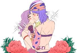 maria (ff2), reila, final fantasy, final fantasy ii, highres, 2girls,  bandana, blush, closed eyes, earrings, flower, gauntlets, holding stomach,  implied kiss, jewelry, muffywaifu, multiple girls, purple hair, red flower,  red rose, rose,