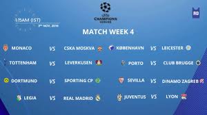 Uefa champions league second qualifying round, first leg fixtures this week. Uefa Champions League Schedule Match Week 4 3rd November 2016 Youtube