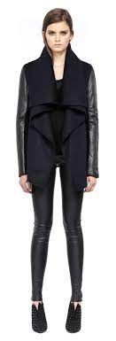 Mackage Vane F4 Drapped Navy Light Winter Wool Jacket For Women With Leather Sleeves Leather Sleeve Jackets Jackets For Women