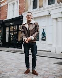 You can take distressed, skinny, cuffed or straight jeans, a white button down or printed shirt, sweater over it and a leather or suede jacket and combine them. Beige Turtleneck With Brown Suede Chelsea Boots Winter Outfits For Men 5 Ideas Outfits Lookastic