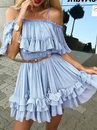 Fermeture par 2 liens à nouer dans le dos. Robe Courte Bretelles Spaghetti A Volants Grenadine A Line Sweet Bleu Clair Robes Mini Robes