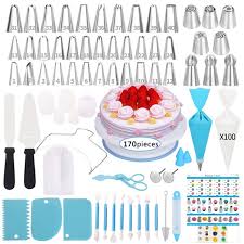 170 Pcs Cake Decorating Supplies Kit Baking Supplies Set With Icing Piping Tips Russian Nozzles With Pattern Chart Rotating Turntable Stand