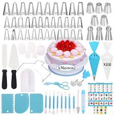 170 pcs cake decorating supplies kit baking supplies set with icing piping tips russian nozzles with pattern chart rotating turntable stand