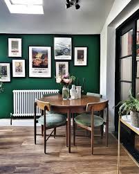 Forest Green Wall Gallery Wall Vintage Dining Table And Chairs And Wooden Flooring In The Dini Green Dining Room Green Dining Room Walls Vintage Dining Table