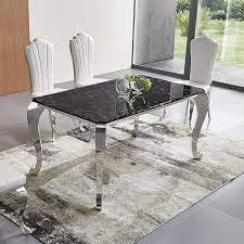 Les Tendances Table A Manger Design Verre Trempe Noir Effet Marbre Et Acier Chrome Kazy Lestendances Fr Table Home Decor Dining Table