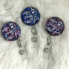 Glitter Badge Reel Coffee Scrubs And Rubber Gloves Etsy Personalised Badges Nurse Badge Reel Custom Badges