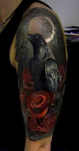 Beautiful Black Raven With Red Roses And A Moon Tattoo On Upper Arm Raven Tattoo Crow Tattoo Sleeve Tattoos