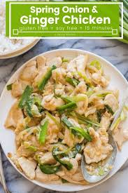 15 Minute Stir Fry Garlic Ginger And Spring Onion Chicken A Chinese Takeout Favourite Made Easy G Spring Onion Recipes Ginger Chicken Recipes Onion Chicken