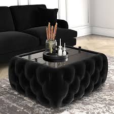 Tangkula modern coffee table, rectangle wooden coffee table with toughened glass top & storage cabinet, tea table center table for living room office lounge (black & brown) 5.0 out of 5 stars. Black Velvet Storage Coffee Table With Glass Top Buttoned Clio Buyitdirect Ie