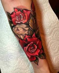Red rose diamond with b&g roses across girl's chest. Roses Diamond Tattoo Traditional Rose Tattoos Diamond Tattoo Designs Rose Tattoo Sleeve