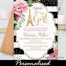 Black White Stripes Pink Floral Paris Baby Shower Invitation Personalized Cupcakemakeover