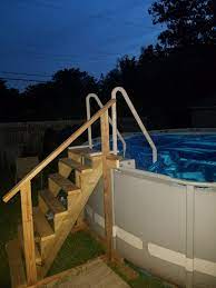 I Built Stairs For Our Pool With Confer Steps Attached For Easy Entry And Exit Love Them Works Great Swimming Pool Ladders Pool Ladder Diy Swimming Pool