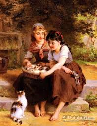 Emile Munier Two Girls With A Basket Of Kittens Oil Painting Reproductions For Sale Cat Art Art Painting Reproductions