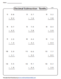 decimal column vertical subtraction worksheets