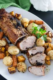 Slices Of Pork Loin With Roasted Air Fried Vegetables On White Platter Air Fryer Dinner Recipes Pork Loin Recipes Pork Lion Recipes