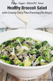 Healthy Broccoli Salad Fresh Tasty Crunchy Topped Off By A Lush Creamy Dressing No Mayo Dairy Fr Healthy Broccoli Salad Paleo Recipes Dinner Healthy