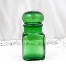 Small Square Vintage Mid Century French Green Glass Apothecary Jar With Glass Lid Country Decor Brocante Glass Apothecary Jars Apothecary Jars Green Glass