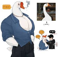 k-bone, original, chinese commentary, highres, translated, 2boys, baseball  cap, bird, black pants, bulge, chibi, chibi inset, chinese text, cigarette,  collared shirt, denim shirt, feet out of frame, furry, furry male, goose,  goose