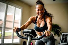 Beautiful sexy fit healthy athletic senior woman exercising in gym with  large smile dark long hair