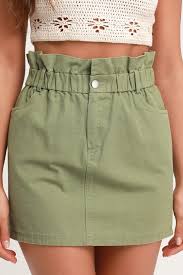 Genie Olive Green Paper Bag Waist Denim Mini Skirt Womens Skirt Skirt Outfits Mini Skirts