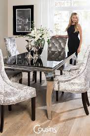 This Eye Catching Dining Set Is Sure To Impress With Its French Styling Black Glass Top Velvet Uphol Luxury Dining Room Dining Table Chairs Dining Room Table