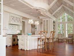 The geometrical shapes created by the lines make this room look amazing. Kitchen Whitewashed Wood Ceiling Kitchen Features Vaulted Whitewashed Shiplap Ceiling And Tongue And Groove Paneling Kitc Wood Ceilings Shiplap Ceiling Home