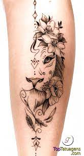 Back Of Leg Tattoo Small Lion Tattoo Half Lion Head Surrounded By Flowers White Background Tattoo Leg Tattoos Small Leg Tattoos Small Lion Tattoo