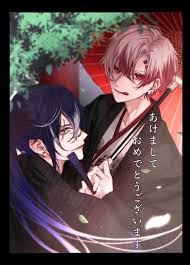 highres, translation request, 2boys, akuma shitsuji to kuroi neko, ammon  lead, black border, border, boschi arenas, ear piercing, earrings, forehead  piercing, high ponytail, japanese clothes, jewelry, kimono, leaf, long  hair, long sleeves,