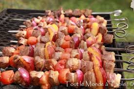 Brochettes De Canard Marinees Sauce Soja Huile D Olive Gingembre Curry Citron Aux Peches Jaunes Et Oignons Rouges Tout Le Monde A Table