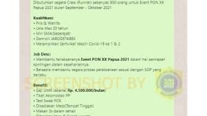 Pt indofarma (persero) tbk dan anak perusahaan (pt indofarma global medika) tidak pernah memungut biaya untuk merekrut calon tenaga kerja yang . Cek Fakta Benarkah Lowongan Kerja Crew Runner Pon Papua 2021 Gaji Umr Rp 4 5 Juta Nkriku