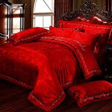 luxury crimson red and gold classic asian inspired embroidered design jacquard satin full queen size bedding sets bedding sets bed bed styling