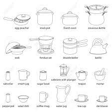 Check spelling or type a new query. Kitchen Utensils Illustrations Set Cooking Dinner Service With Names White Flat Outlined Images Of Kitchenware Royalty Free Cliparts Vectors And Stock Illustration Image 69350721