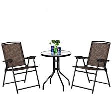 Costway 3pc Bistro Patio Garden Furniture Set 2 Folding Chairs Glass Table Top Steel Walmart Com Bistro Set Garden Furniture Sets Patio Furniture Sets