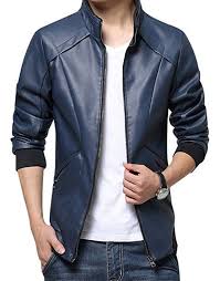 Kiwen Men S Stand Up Collar Faux Leather Jacket Slim Fit Blue M Size At Amazon Men S Clothing S Leather Jacket Style Leather Jacket Men Casual Leather Jacket