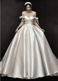 Custom Dresses Satin Wedding Dress New French Women A Word Shoulder Thin Palace Retro Style Wedding Dress Satin Wedding Gown Satin Wedding Satin Wedding Dress