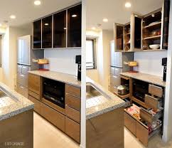 ダイニングテーブルの色に合わせて ブラウン系でコーディネイトされたキッチン収納 調理家電はなるべく目立たないように収納 収納ラボ アーキテリア 室内建築 収納家具 キッチン収納 食器棚 キッチン 壁面収納 オーダー家具 オーダーメイド家具 収納