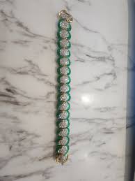 Gorgeous Vintage Gold Plated Rhinestone and Green Half Discs Embellished  Bracelet