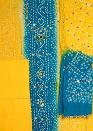 Crepe silk dupatta fabric : Yellow And Turquoise Bandhani Suit From Gujarat Yellow Colorful Wardrobe Teal Yellow