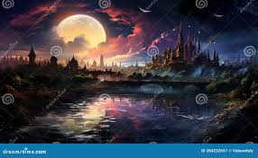Fantasy Colorful Landscape with Castle on the Lake and Clouds in the Sky.  Fantasy Landscape with Castle on the Hill, Blossoming Stock Illustration -  Illustration of night, fantastic: 284232657