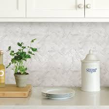 Wallpops Herringbone Carrara Marble Peel And Stick Backsplash Tile Kitchen Backsplash Designs Stick Tile Backsplash Peel Stick Backsplash