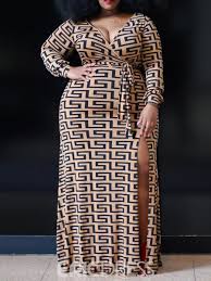 Ericdress Plus Size African Fashion V Neck Floor Length High Waist Pullover Dress