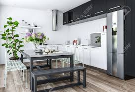In the stores of black red white find furniture and decorations in your favorite style and attractive prices. Modern Kitchen In Minimalist Interior Design With Black And White Stock Photo Picture And Royalty Free Image Image 70446770