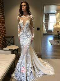 Illusion White Lace Mermaid Long Sleeve Wedding Gown Long Sleeve Wedding Dress Lace Mermaid Cocktail Dress Wedding Wedding Dress Sleeves