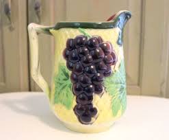 Vintage St Clement French Majolica Pitcher Antique Dark Purple Grapes Leaves Lattice Background France Pottery Raisin 8 Farmhouse Vases Majolica Purple Grapes